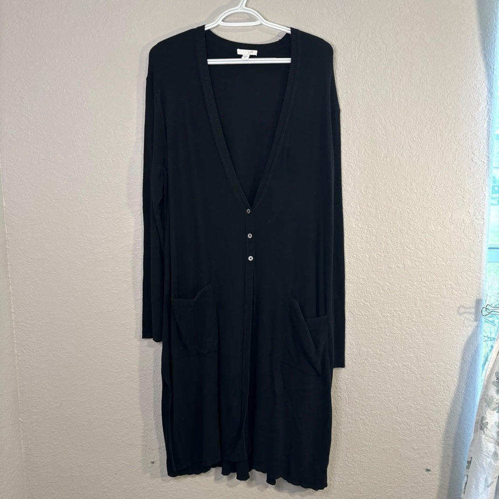 J. Jill Black Ribbed Longline Duster Cardigan Sweater Silk Blend XL Pocketed